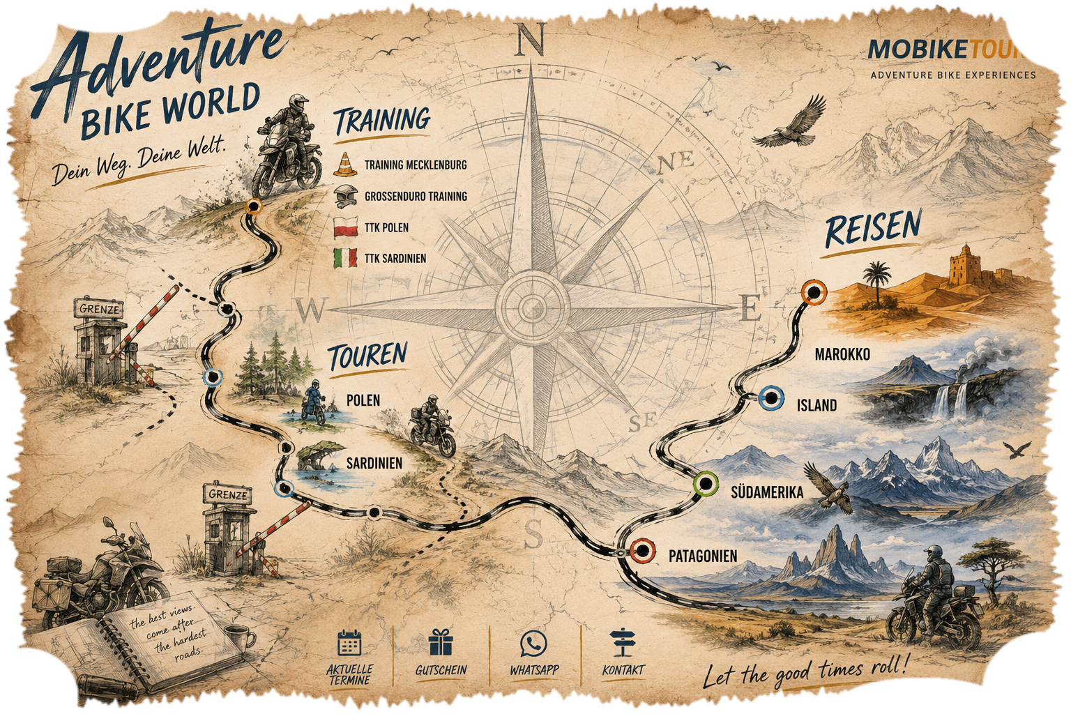 Adventure-Bike-Reisekarte von Mobiketours mit Trainings, Touren und Reisen nach Marokko, Island, Südamerika und Patagonien